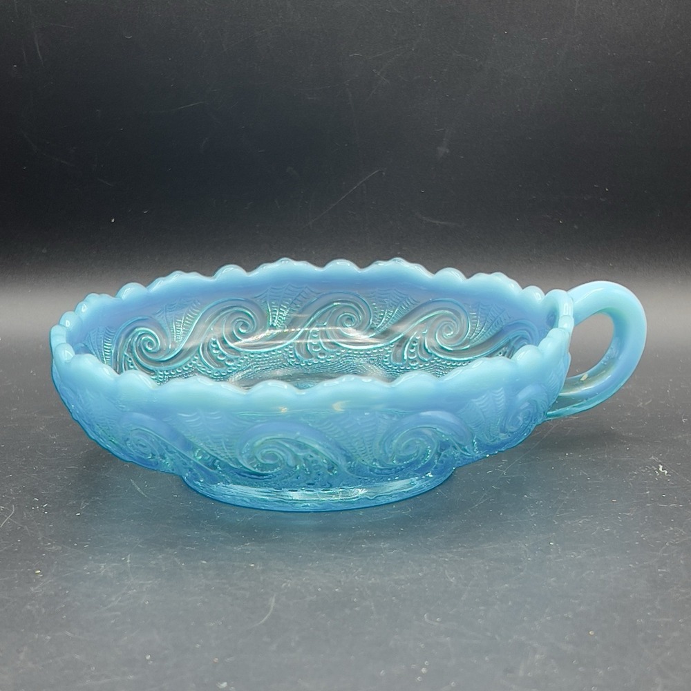 Antique Jefferson Glass Opalescent Blue Sea Spray Nappy Candy Dish w Handle 6"